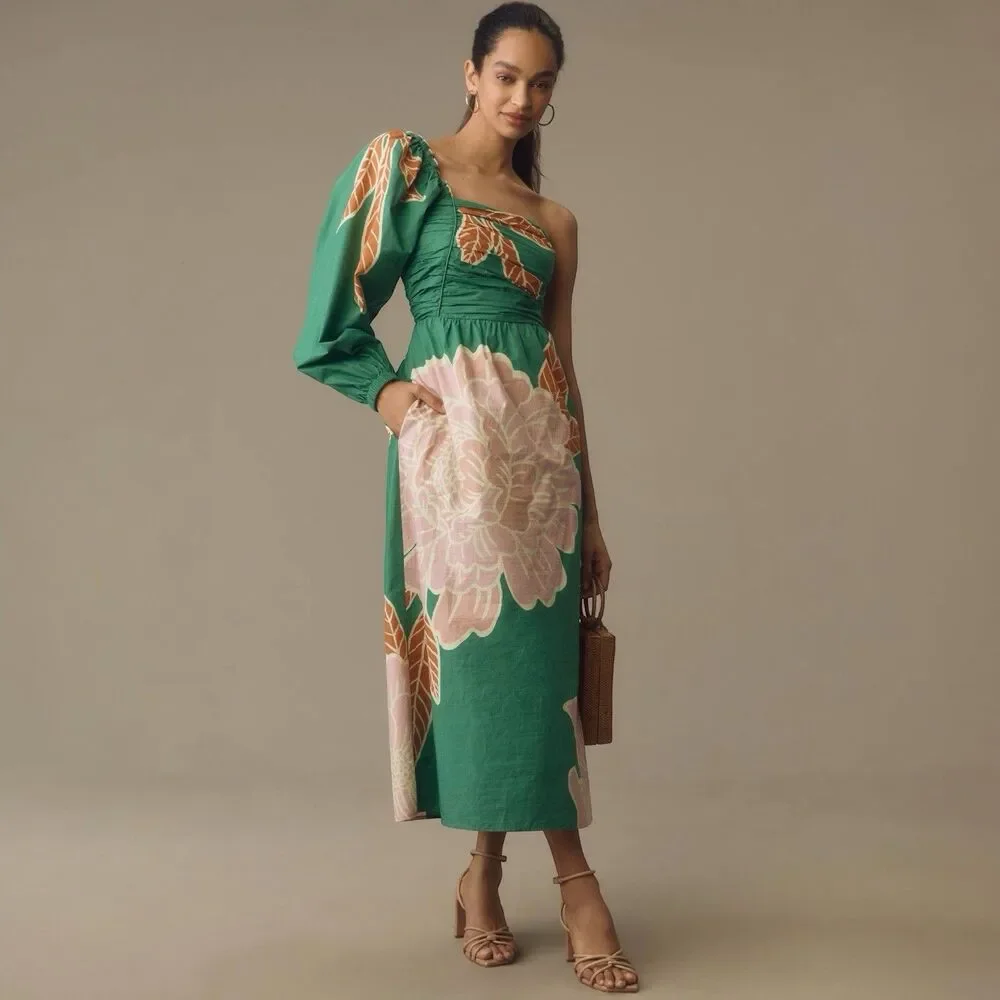 Farm Rio x Anthropologie One Shoulder Printed Maxi Dress Women XL Boho Floral